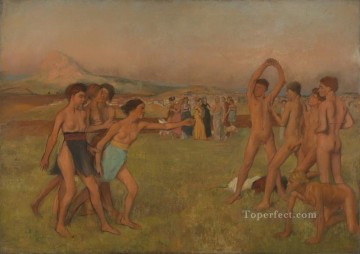 エドガー・ドガ Painting - 少年たちに挑戦するスパルタ少女たち 1860年 エドガー・ドガ